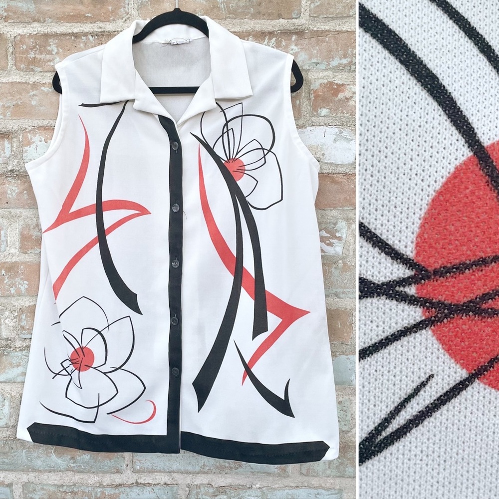 Vintage Sleeveless Top Volup 70s Hippie Stretch Button Front Shirt Plus Size